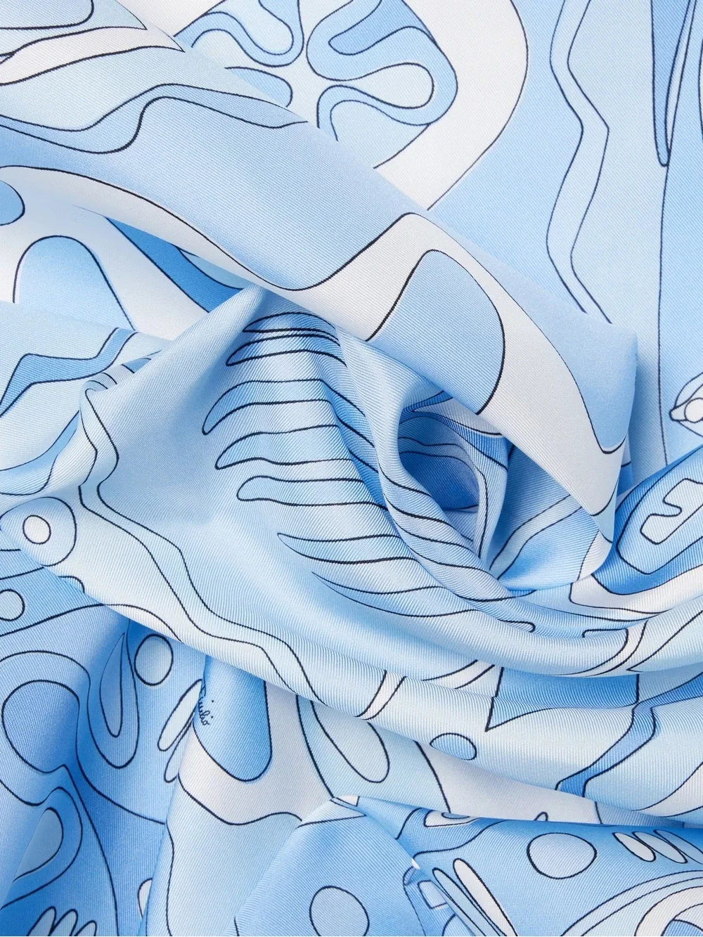 Blue Abstract Silk Scarf with White Accents